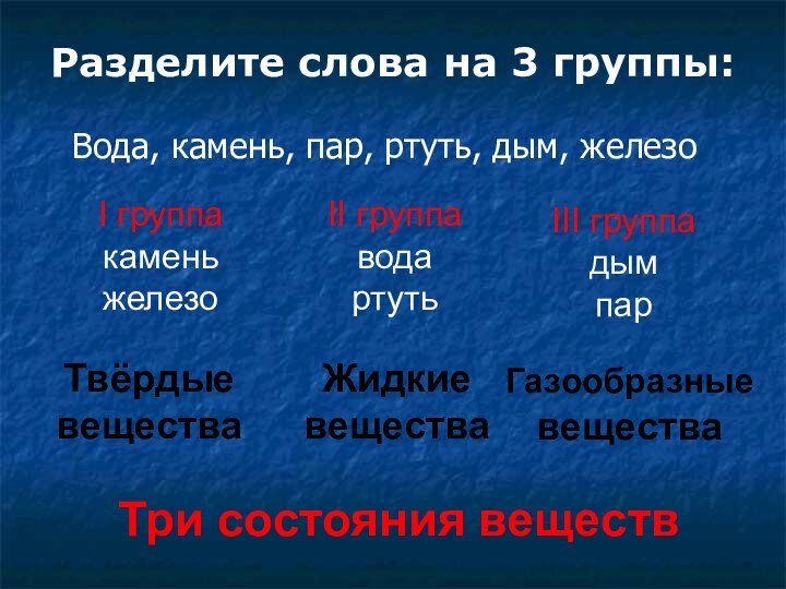 Разделите слова на 3 группы:I группакаменьжелезоII группаводартутьIII группадымпарТвёрдыевеществаЖидкиевеществаГазообразные веществаТри состояния веществВода, камень, пар, ртуть, дым, железо