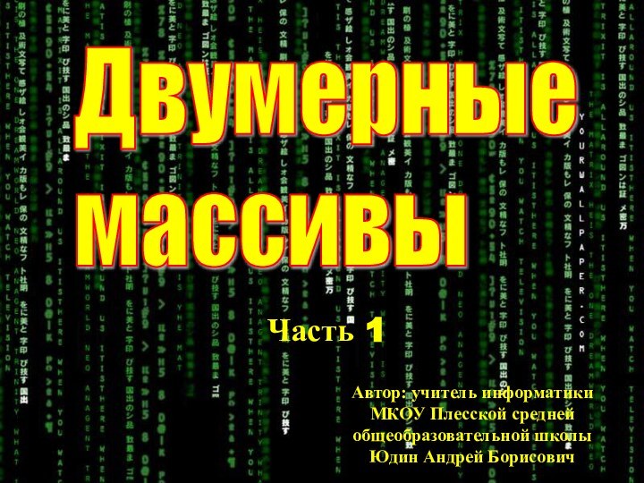 Двумерные  массивыАвтор: учитель информатики МКОУ Плесской средней общеобразовательной школы Юдин Андрей БорисовичЧасть 1