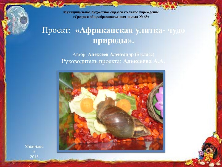 Проект: «Африканская улитка- чудо природы».    Автор: Алексеев Александр (5 класс) Руководитель