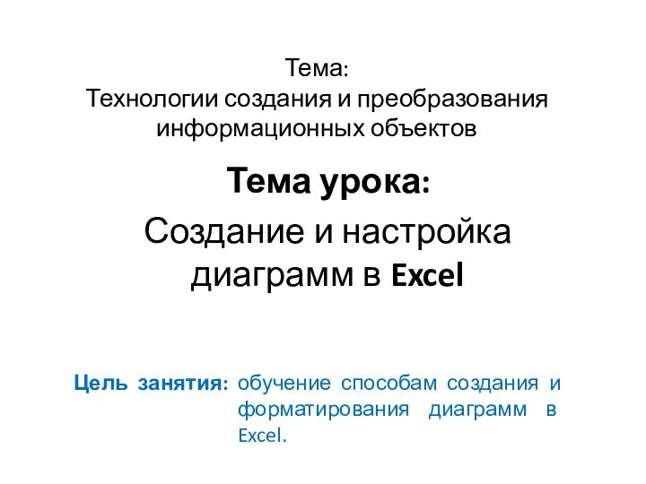 Тема: Технологии создания и преобразования информационных объектовТема урока:Создание и настройка диаграмм в