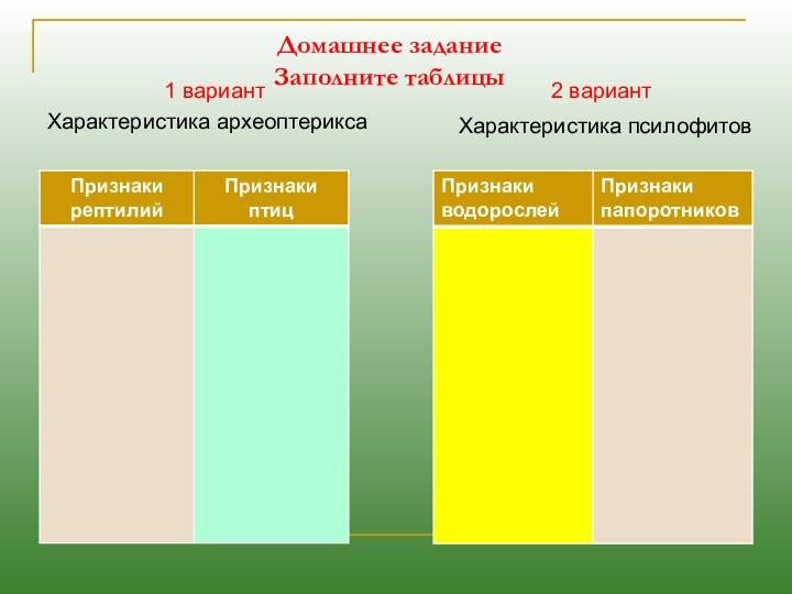 Домашнее задание Заполните таблицы1 вариант Характеристика археоптерикса 2 вариант Характеристика псилофитов