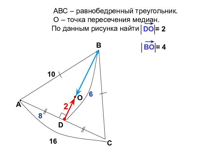 АВС – равнобедренный треугольник.  О – точка пересечения медиан.