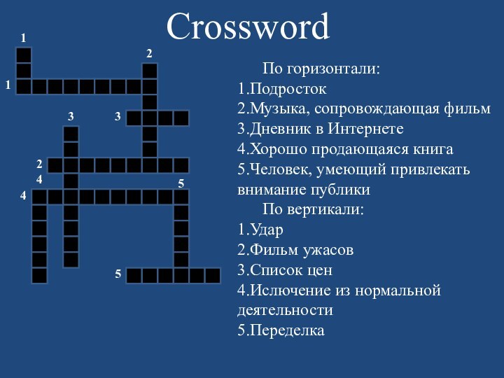 Crossword	По горизонтали:1.Подросток2.Музыка, сопровождающая фильм3.Дневник в Интернете4.Хорошо продающаяся книга5.Человек, умеющий привлекать внимание публики	По