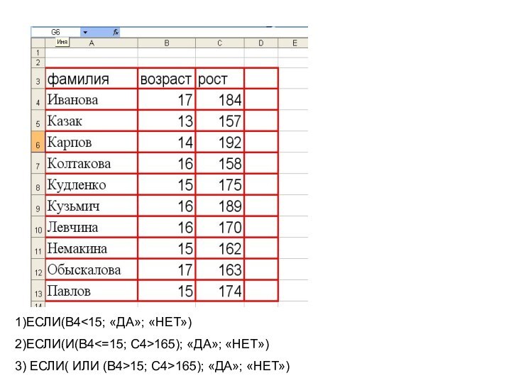 1)ЕСЛИ(B415; С4>165); «ДА»; «НЕТ»)