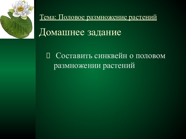 Домашнее задание Составить синквейн о половом размножении растенийТема: Половое размножение растений