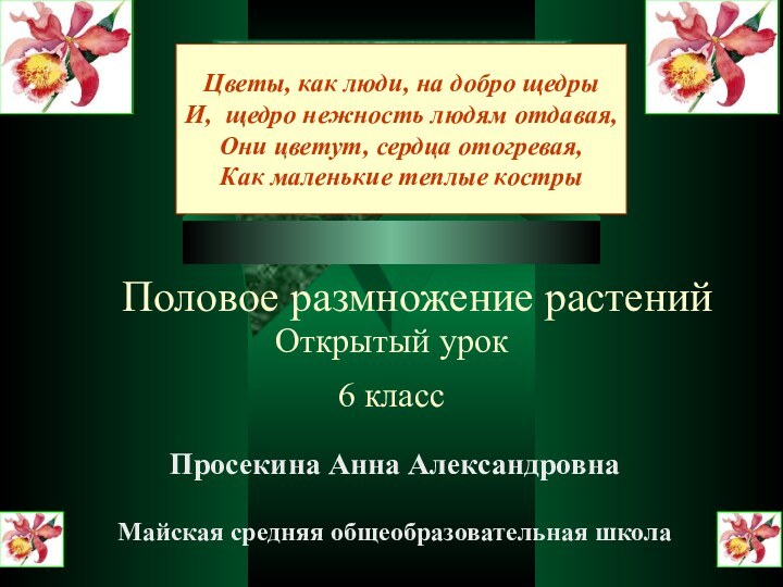 Открытый урок 6 класс Просекина Анна АлександровнаМайская средняя общеобразовательная школа  Цветы,