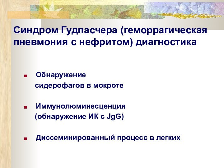 Синдром Гудпасчера (геморрагическая пневмония с нефритом) диагностикаОбнаружение   сидерофагов в мокротеИммунолюминесценция