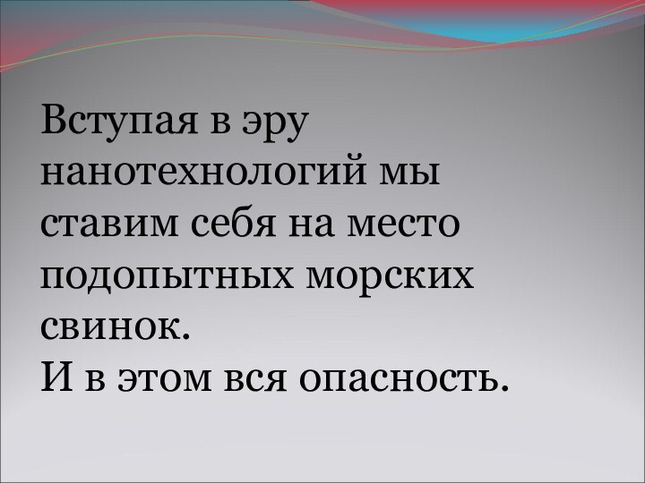 Вступая в эру нанотехнологий мы ставим себя на место подопытных морских свинок.