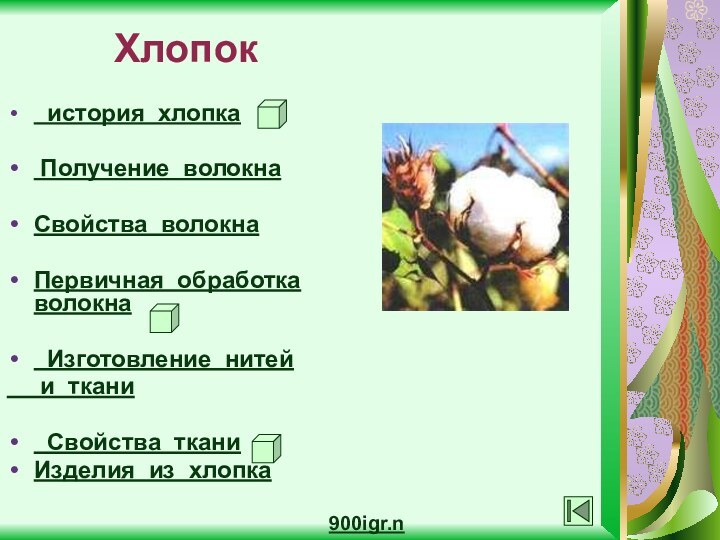 Хлопок  история хлопка  Получение волокнаСвойства волокнаПервичная обработка волокна Изготовление нитей