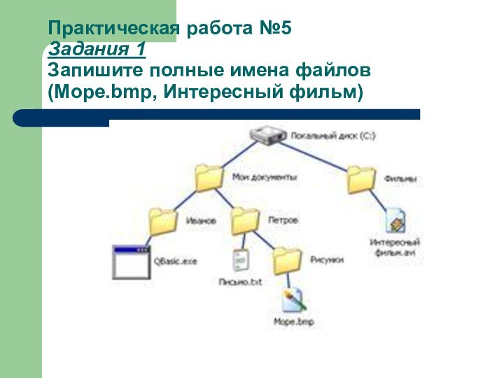 Практическая работа №5 Задания 1 Запишите полные имена файлов (Море.bmp, Интересный фильм)