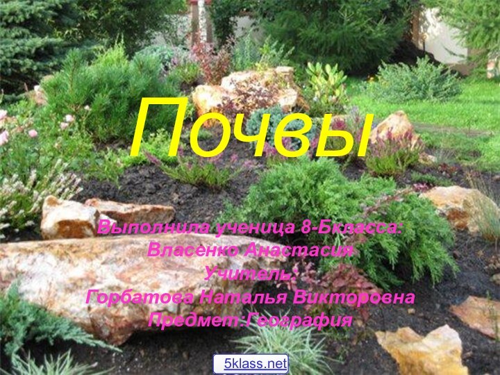 Почвы Выполнила ученица 8-Бкласса:  Власенко Анастасия Учитель: Горбатова Наталья Викторовна Предмет:География