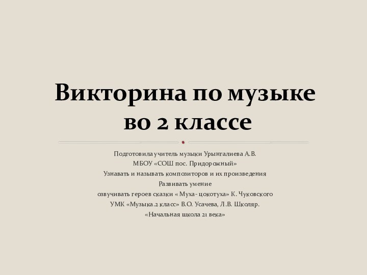 Подготовила учитель музыки Урынгалиева А.В.МБОУ «СОШ пос. Придорожный»Узнавать и называть композиторов и