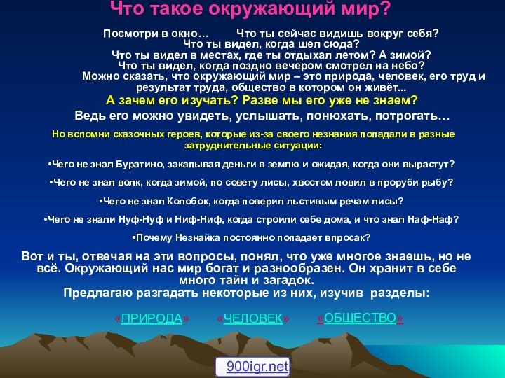 Что такое окружающий мир? Посмотри в окно…     Что