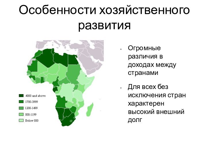 Особенности хозяйственного развитияОгромные различия в доходах между странамиДля всех без исключения стран характерен высокий внешний долг