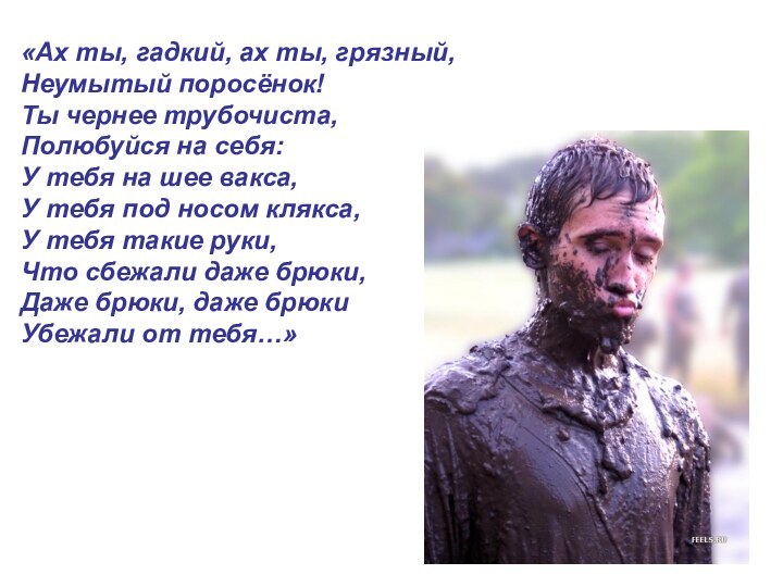 «Ах ты, гадкий, ах ты, грязный,Неумытый поросёнок! Ты чернее трубочиста,Полюбуйся на себя:У