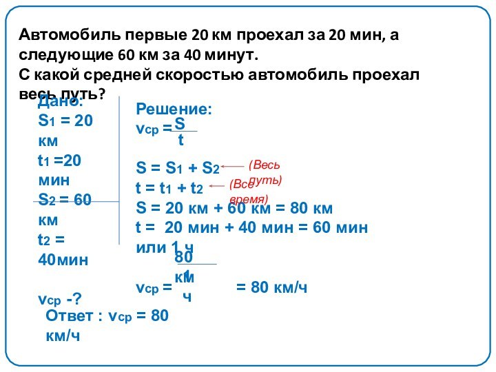 Автомобиль первые 20 км проехал за 20 мин, а следующие 60 км