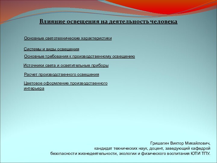 Влияние освещения на деятельность человекаСистемы и виды освещенияОсновные светотехнические характеристикиОсновные требования к