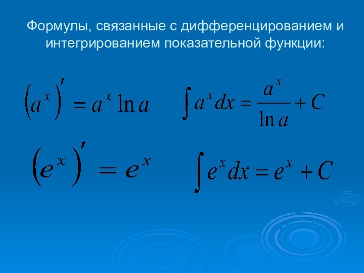 Формулы, связанные с дифференцированием и интегрированием показательной функции: