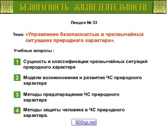 Управление безопасностью в чрезвычайных ситуациях природного характера.