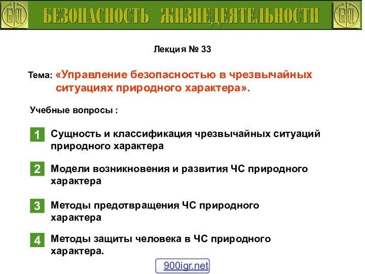 Лекция № 33Тема: «Управление безопасностью в чрезвычайных     ситуациях