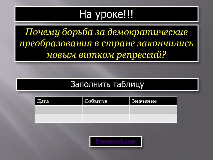 На уроке!!!Почему борьба за демократические преобразования в стране закончились новым витком репрессий?Заполнить таблицуPrezentacii.com