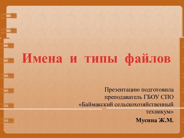 Имена и типы файловПрезентацию подготовила преподаватель ГБОУ СПО «Баймакский сельскохозяйственный техникум»Мусина Ж.М.