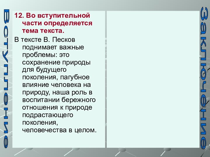 12. Во вступительной части определяется тема текста. В тексте В. Песков поднимает