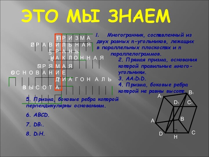 ЭТО МЫ ЗНАЕММногогранник, составленный из двух равных n-угольников, лежащих в параллельных плоскостях