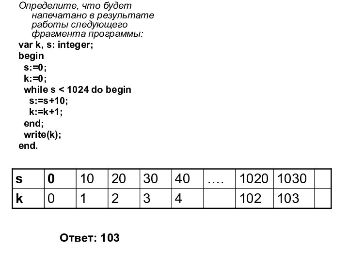 Определите, что будет напечатано в результате работы следующего фрагмента программы:var k, s: