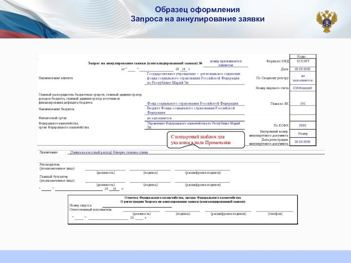 Образец оформления  Запроса на аннулирование заявкиСтандартный шаблон для указания в поле Примечание
