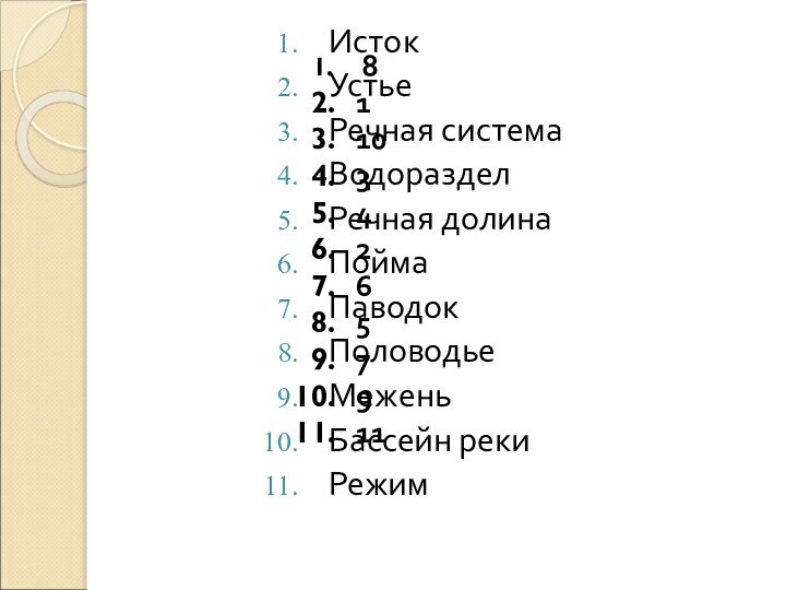 ИстокУстьеРечная системаВодоразделРечная долинаПоймаПаводокПоловодьеМеженьБассейн рекиРежим 8 1 10 3 4 2 6 5 7 9 11