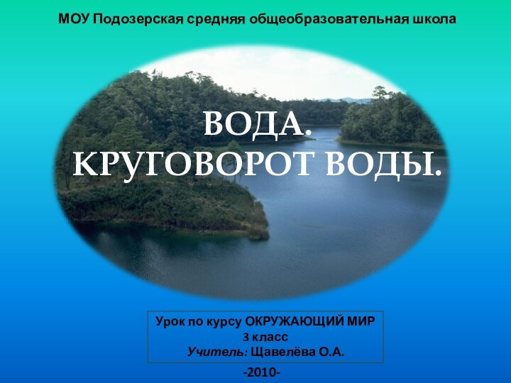 Урок по курсу ОКРУЖАЮЩИЙ МИР 3 классУчитель: Щавелёва О.А.-2010-МОУ Подозерская средняя общеобразовательная школаВОДА. КРУГОВОРОТ ВОДЫ.