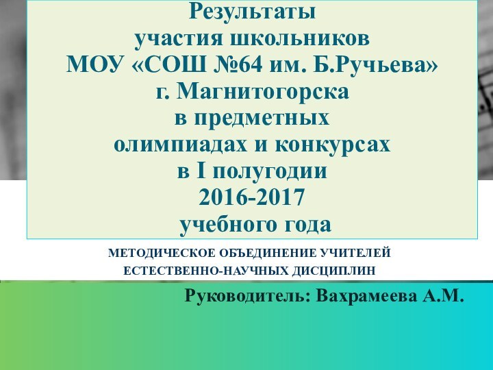 Результаты участия школьников  МОУ «СОШ №64 им. Б.Ручьева» г. Магнитогорска