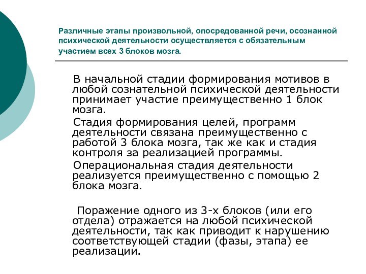 Различные этапы произвольной, опосредованной речи, осознанной психической деятельности осуществляется с обязательным участием