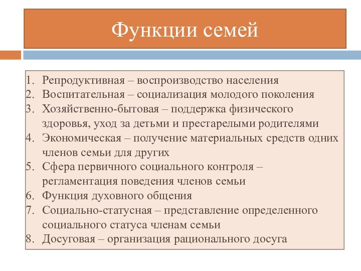 Функции семейРепродуктивная – воспроизводство населенияВоспитательная – социализация молодого поколенияХозяйственно-бытовая – поддержка физического