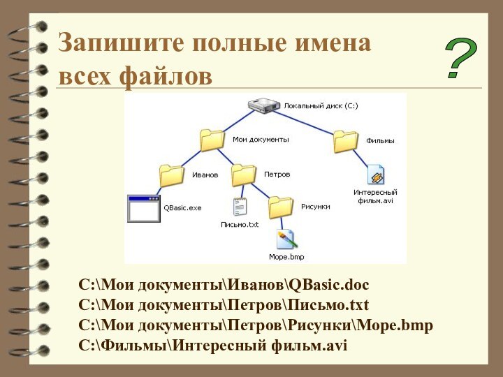 Запишите полные имена всех файлов?C:\Мои документы\Иванов\QBasic.docC:\Мои документы\Петров\Письмо.txtC:\Мои документы\Петров\Рисунки\Море.bmpC:\Фильмы\Интересный фильм.avi