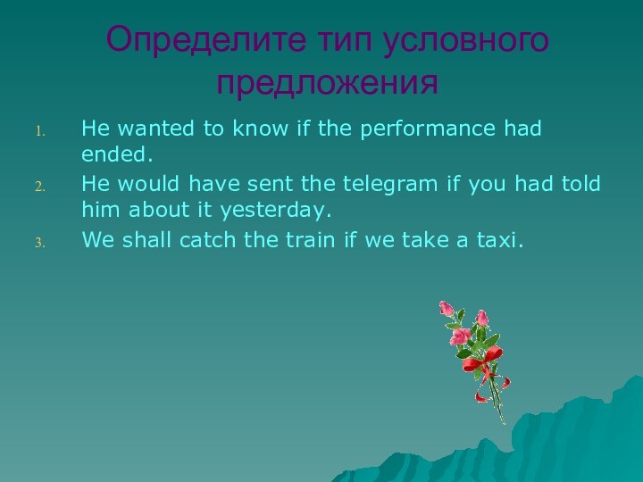 Определите тип условного предложенияHe wanted to know if the performance had ended.He