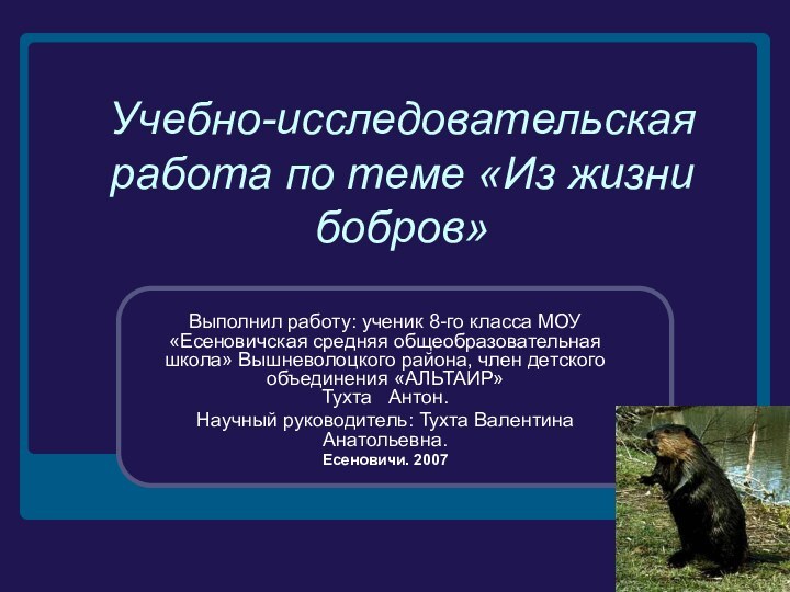 Учебно-исследовательская работа по теме «Из жизни бобров»Выполнил работу: ученик 8-го класса МОУ