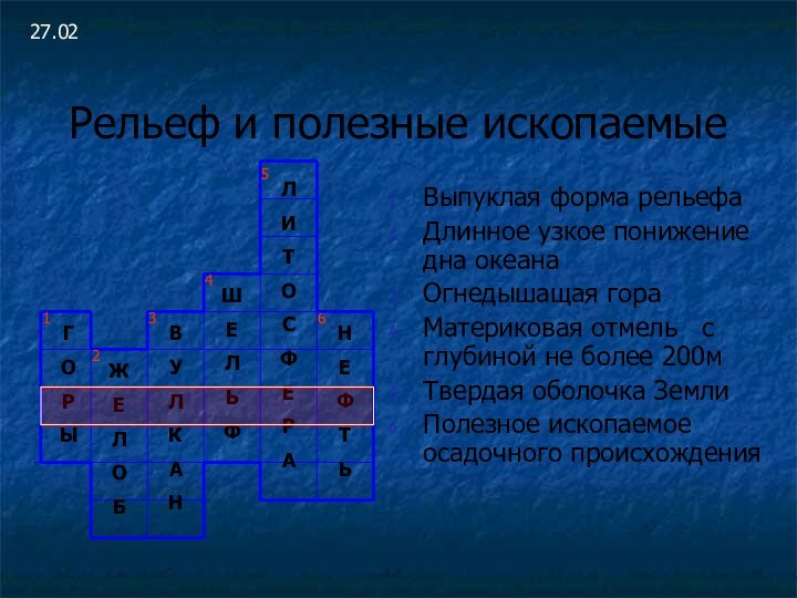 ГОРЫЖЕЛОБВУЛКАНШЕЛЬФЛИТОСФЕРА123456Выпуклая форма рельефаДлинное узкое понижение дна океанаОгнедышащая гораМатериковая отмель  с глубиной