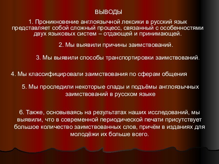 ВЫВОДЫ1. Проникновение англоязычной лексики в русский язык представляет собой сложный процесс, связанный