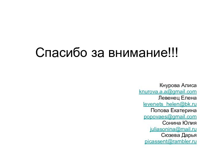 Спасибо за внимание!!!Кнурова Алисаknurova.a.a@gmail.comЛевенец Еленаlevenets_helen@bk.ruПопова Екатеринаpopovaes@gmail.comСонина Юлияjuliasonina@mail.ruСюзева Дарьяpicassent@rambler.ru