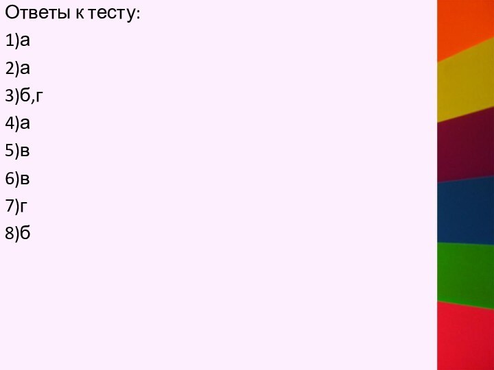 Ответы к тесту:1)а2)а3)б,г4)а5)в6)в7)г8)б9)в10)б11)а12)в13)в14)а15)в,г