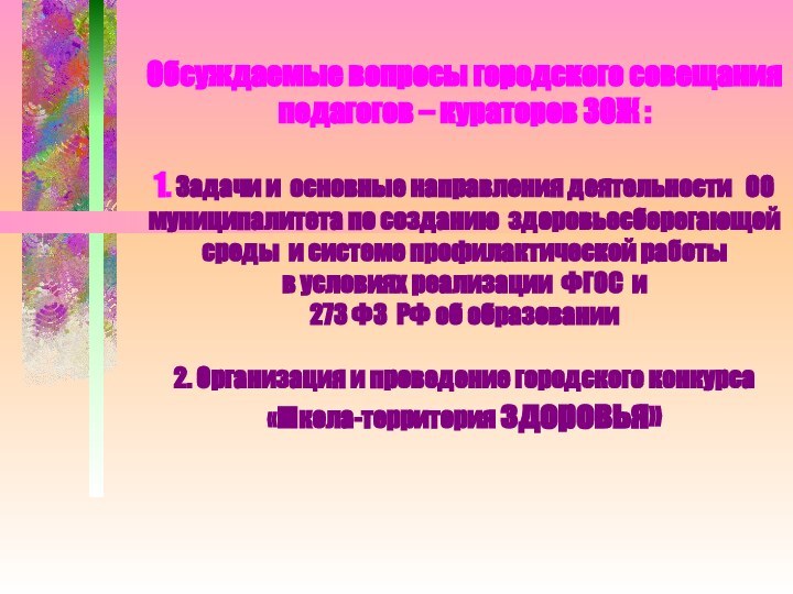 Обсуждаемые вопросы городского совещания педагогов – кураторов ЗОЖ :