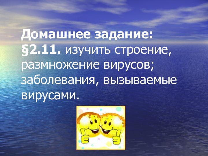 Домашнее задание: §2.11. изучить строение, размножение вирусов; заболевания, вызываемые вирусами.