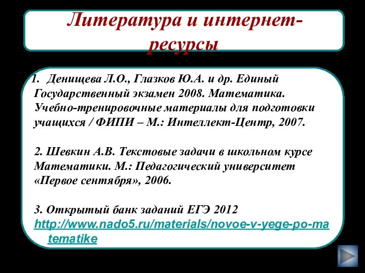 Литература и интернет-ресурсыДенищева Л.О., Глазков Ю.А. и др. Единый Государственный экзамен