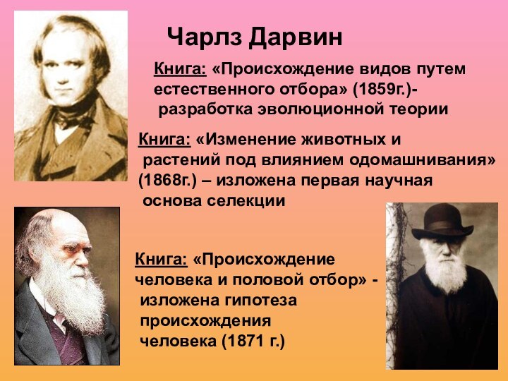 Чарлз ДарвинКнига: «Происхождение видов путеместественного отбора» (1859г.)- разработка эволюционной теорииКнига: «Изменение животных