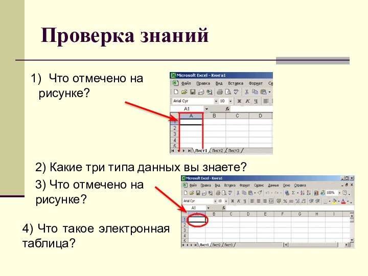 Проверка знаний Что отмечено на рисунке?2) Какие три типа данных вы знаете?3)