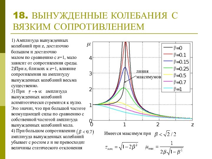 18. ВЫНУЖДЕННЫЕ КОЛЕБАНИЯ 	С ВЯЗКИМ СОПРОТИВЛЕНИЕМИмеется максимум при1) Амплитуда вынужденных колебаний при