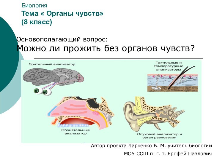 Биология Тема « Органы чувств» (8 класс) Основополагающий вопрос: Можно ли прожить