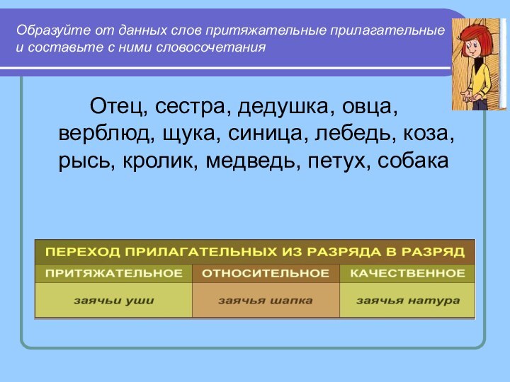 Образуйте от данных слов притяжательные прилагательные и составьте с ними словосочетания